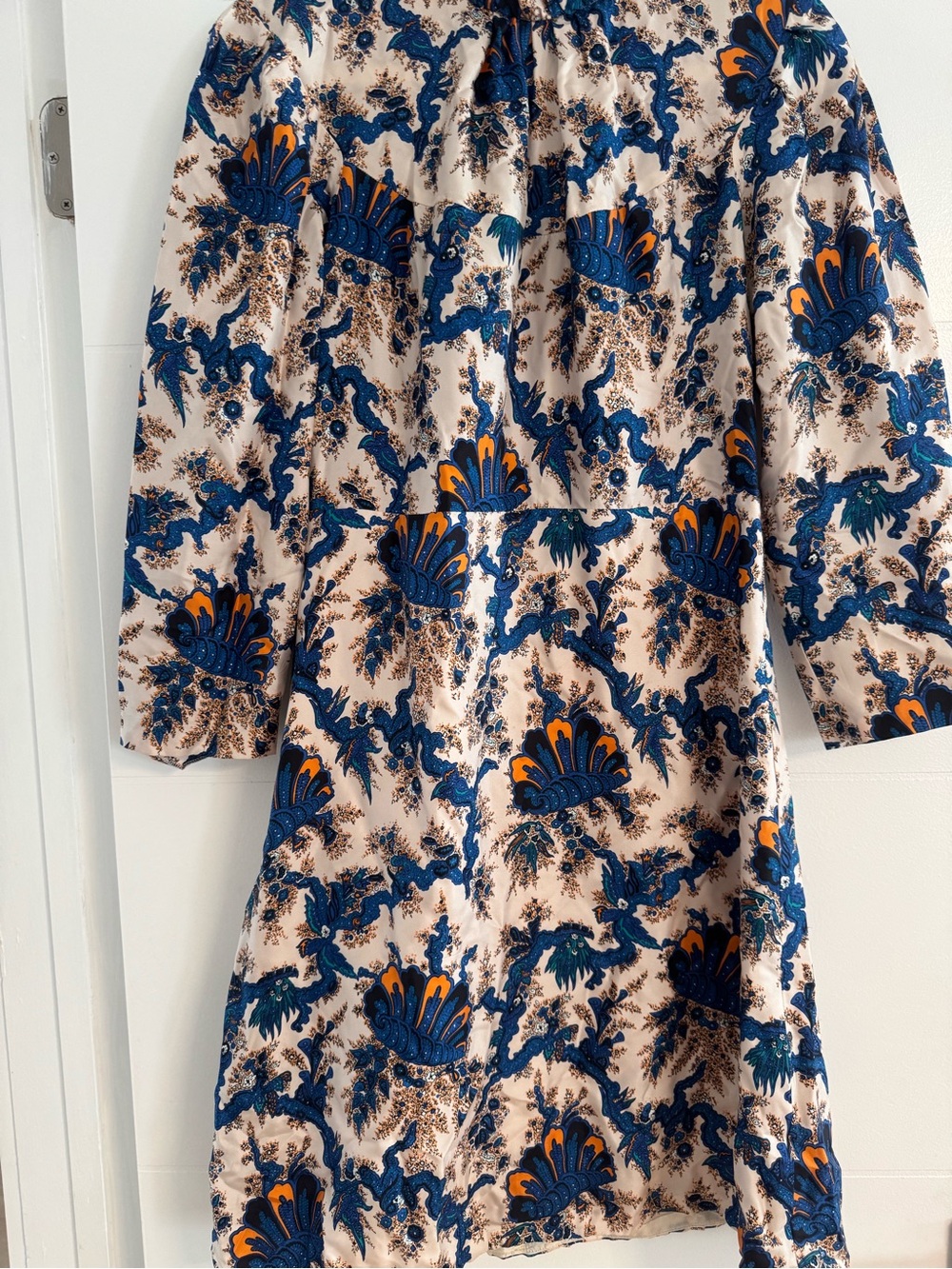Sandro Blue, Cream & Orange Floral-Print Long Sleeve Dress